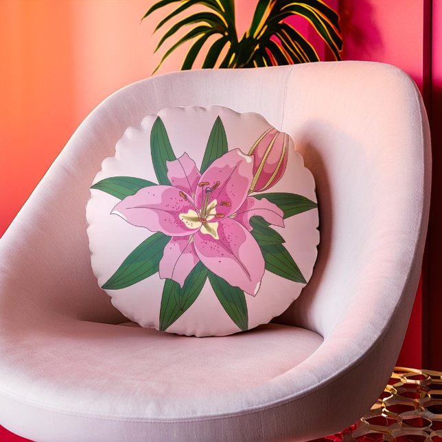 Lirio suave de aroma rosa redondeado con almohada (Soft Pink Blooming Lily Round Pillow)