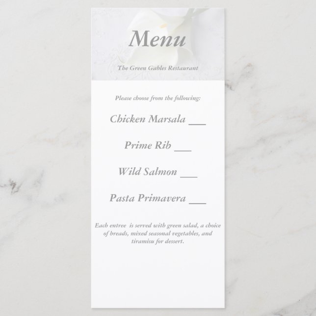 lirios de cal blanca en la tarjeta de menú del bod (Anverso)