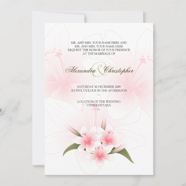 Lirios rosados y blancos que casan la invitación (Anverso)