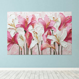 Lirios rosados y blancos sobre arte abstracto text