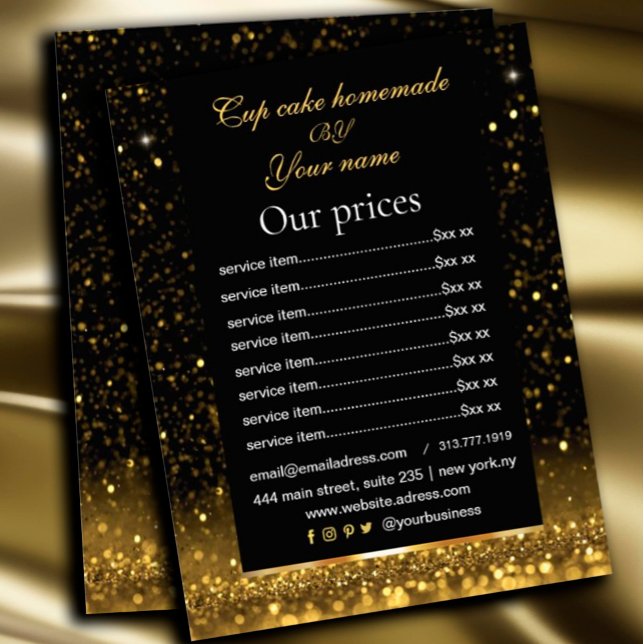 Lista de precios Black & Gold Servicio Sparkly  (#zazzlemade #glittergol #pricelist #goldflyer #hairstyle #nailstyle #makeupartist)