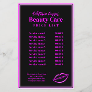 Lista de precios de labios de luz neón rosa Flyer 