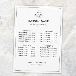 Lista de precios de menú moderno con logotipo empr