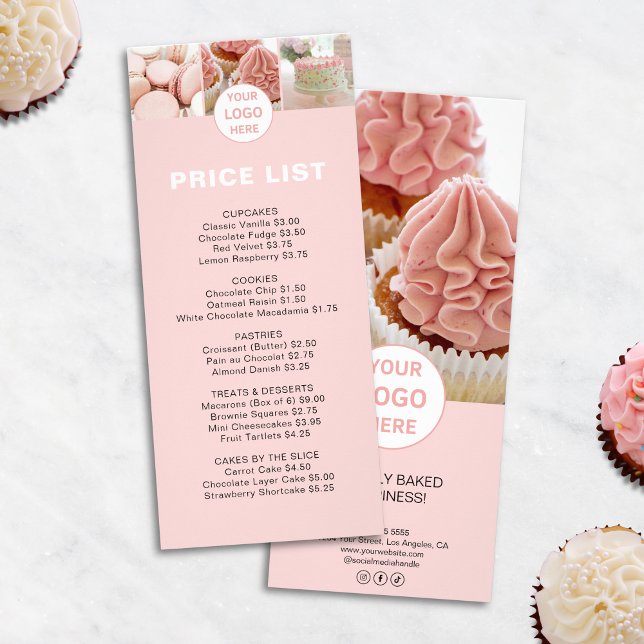 Lista de precios de panadería Menú Logo personaliz (Bakery Price List Menu Custom Logo Pink)