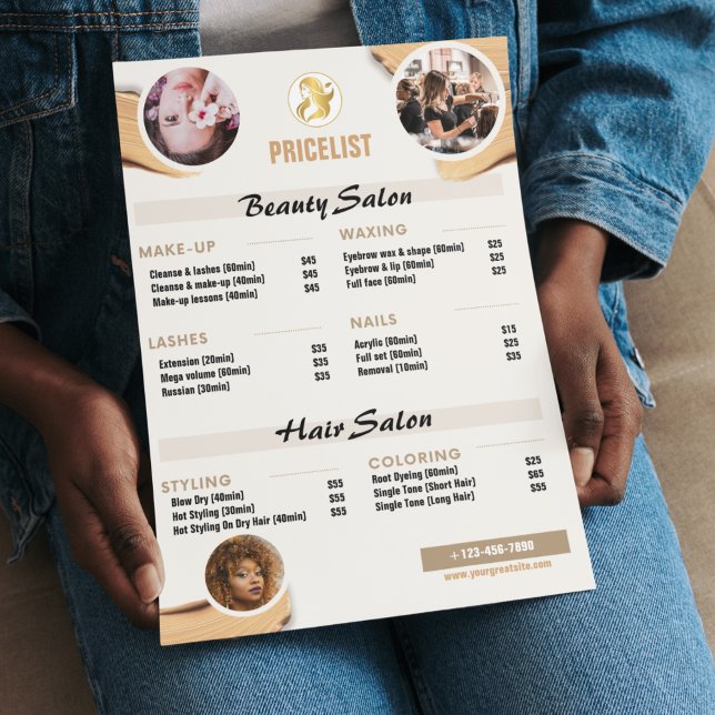 Lista de Precios de Servicios de Belleza - Folleto (Beauty Service Price List Flyer - Minimalist Gold Salon Design)