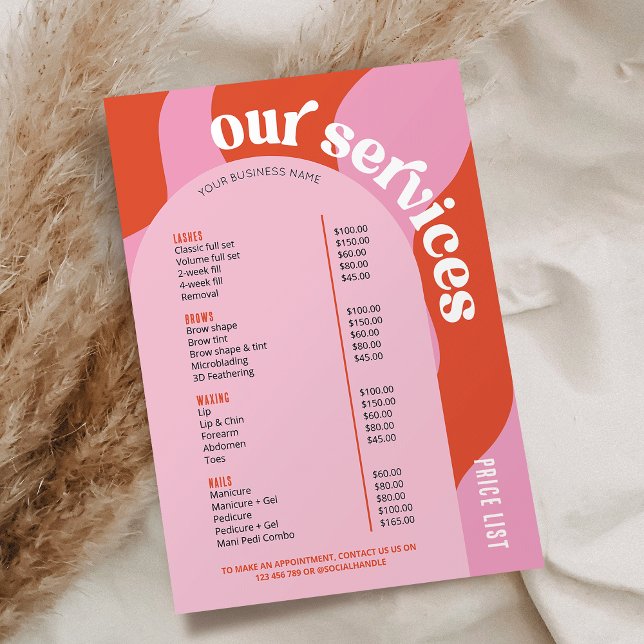 Lista de precios de servicios de negocios Rojo ros (Trendy retro style girly pink + red business price list of services with unique arch background)