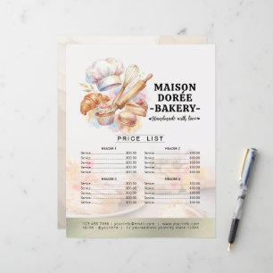 Lista de precios del menú del pastelero de la pana