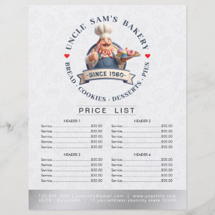 Lista de Precios del Menú del Pastelero de la Pana