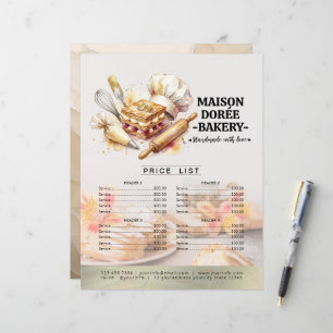 Lista de precios del menú del pastelero de la pana
