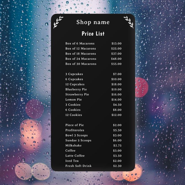 Lista de precios en vinilo negro para ventana (Price List on Black Window Cling)
