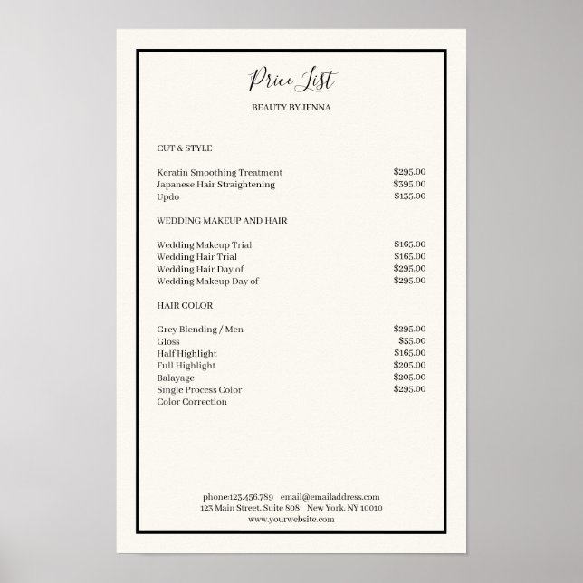 Lista de precios simple beige y negro   Póster (Frente)