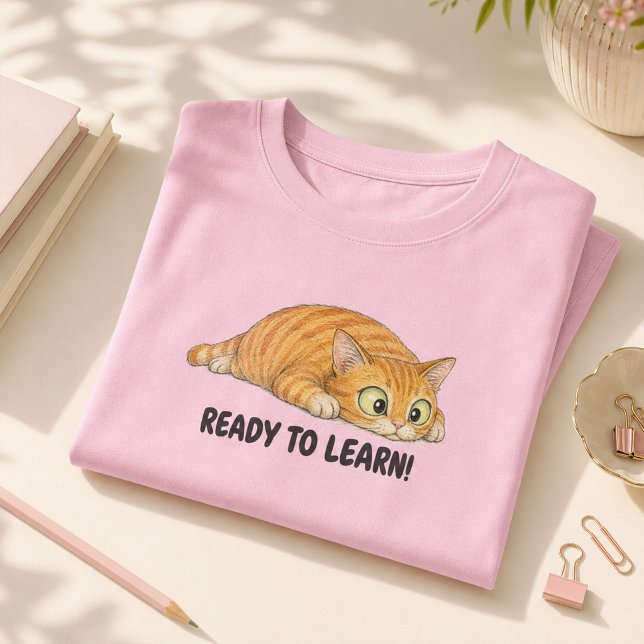 Listo para aprender divertidas camisetas de gato n (Ready to Learn Funny Orange Cat Girls School T-Shirt)