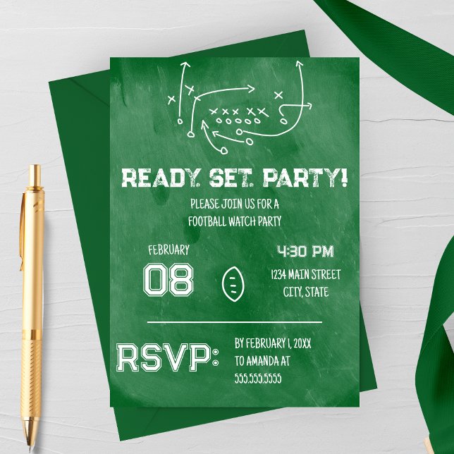 Listos para la Fiesta del Fútbol Invitación para l (Ready Set Party | Xs and Oxs | Football Watch Party Invitation | Green Chalkboard)