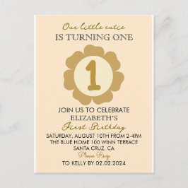 Little Cutie Gold Floral 1er cumpleaños Invitación
