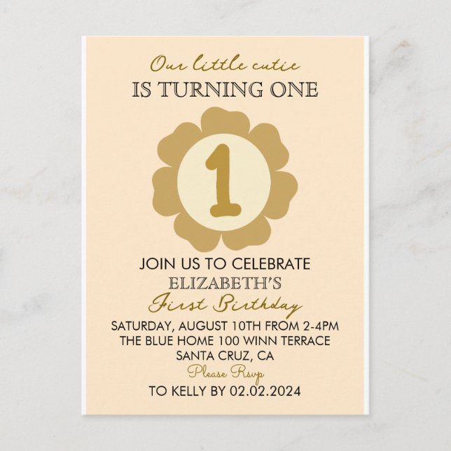 Little Cutie Gold Floral 1er cumpleaños Invitación (Anverso)