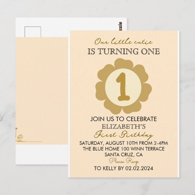 Little Cutie Gold Floral 1er cumpleaños Invitación (Anverso / Reverso)