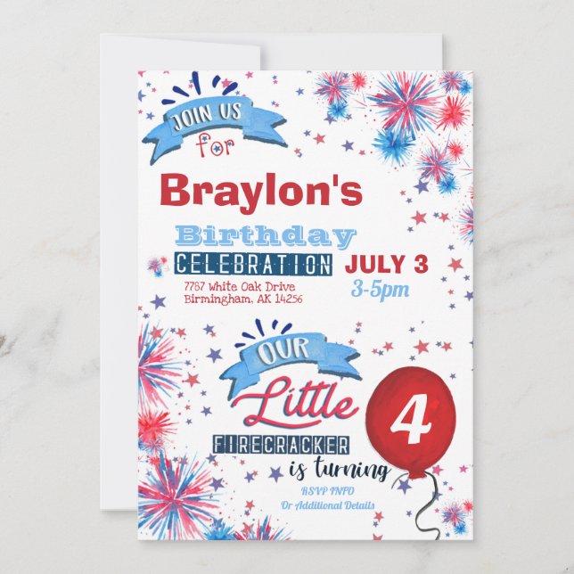 Little Firecracker Invitación de cumpleaños del 4  (Anverso)