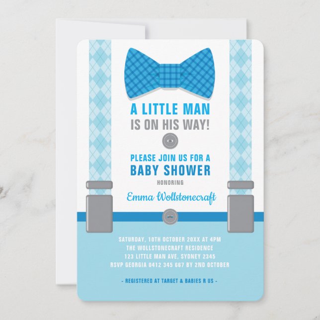 Little Man Baby Shower Invitación Blue Bowtie (Anverso)