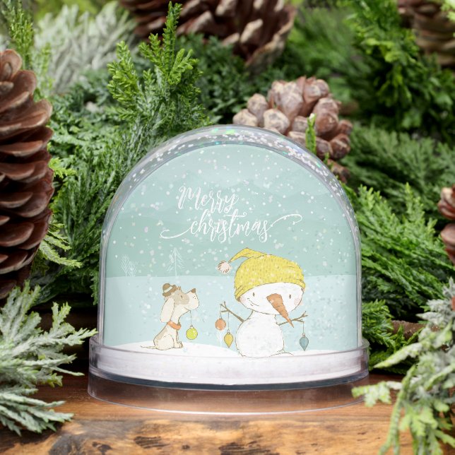 Little snowman and dog in christmas winter scene (Invierno)