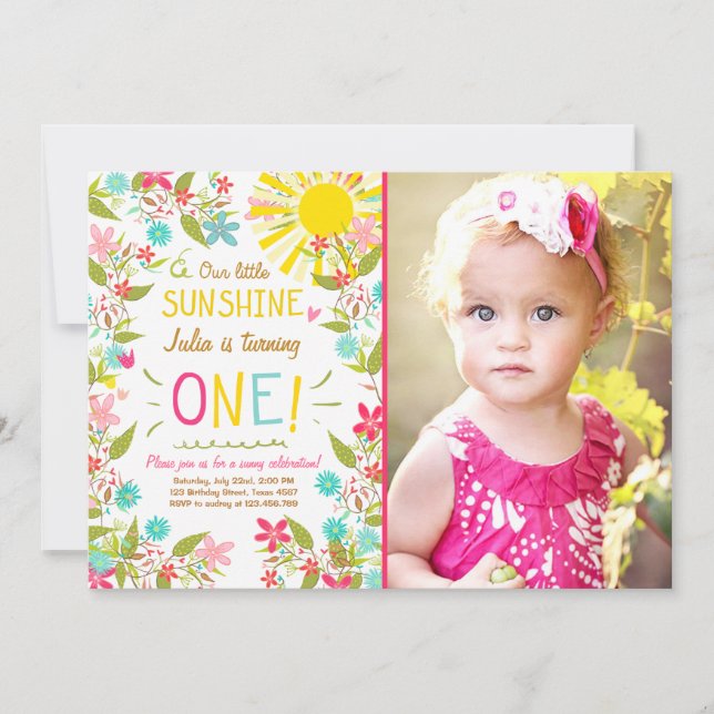 Little Sunshine Birthday Party Invitación Floral (Anverso)
