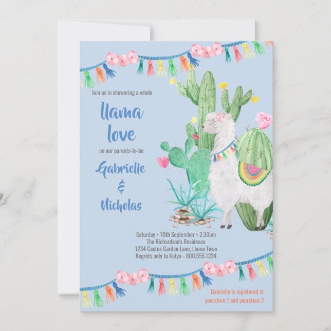 Llama a Baby Shower Llama azul invitación al amor (Anverso)