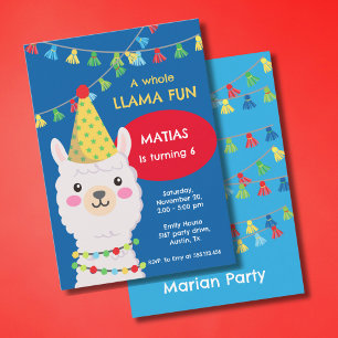 Llama azul y roja con invitación gorra fiesta