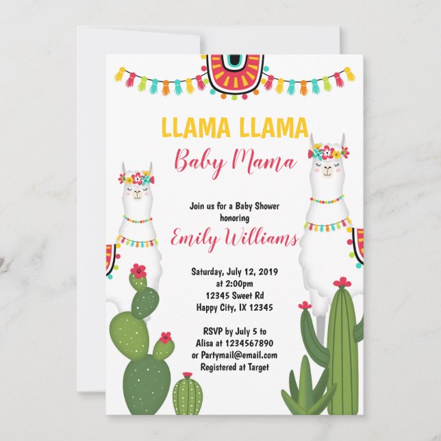 Llama cactus baby ducha invitación Chica Fiesta (Anverso)