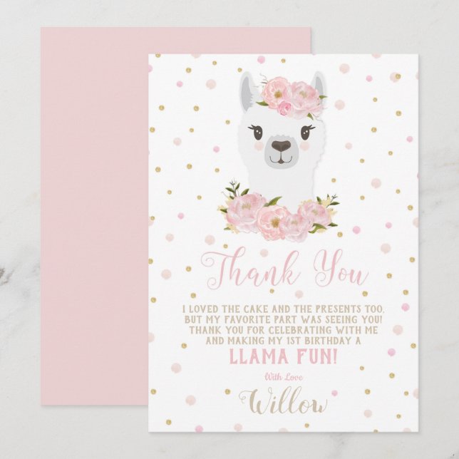 Llama Cumpleaños Gracias Tarjeta Chica Floral Rubo (Anverso / Reverso)