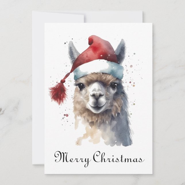 Llama de Navidad con sombrero de Santa de acuarela (Anverso)
