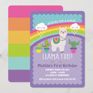Llama Diversión 1er cumpleaños invitaciones a la A