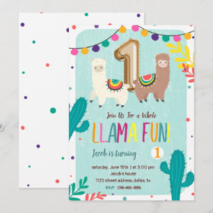 Llama Diversión Invitación de primer cumpleaños