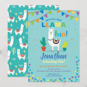 Llama diversión primera invitación de cumpleaños.