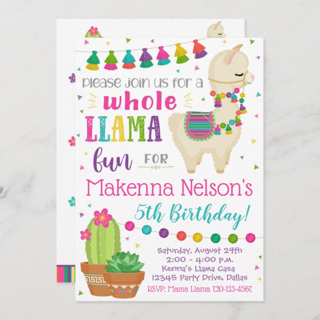 Llama Fiesta de invitación a cumpleaños (Anverso / Reverso)