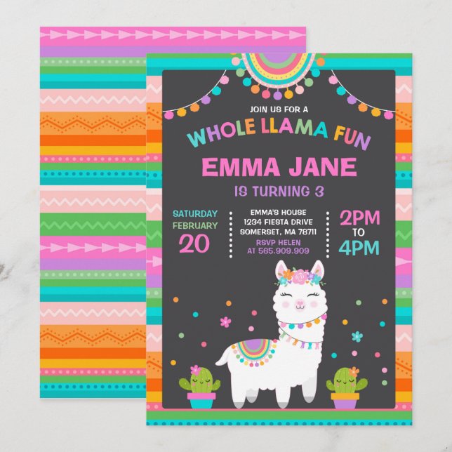 Llama Fiesta de la invitación de cumpleaños llamad (Anverso / Reverso)