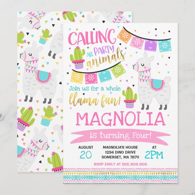 Llama Fiesta de la invitación de cumpleaños llamad (Anverso / Reverso)