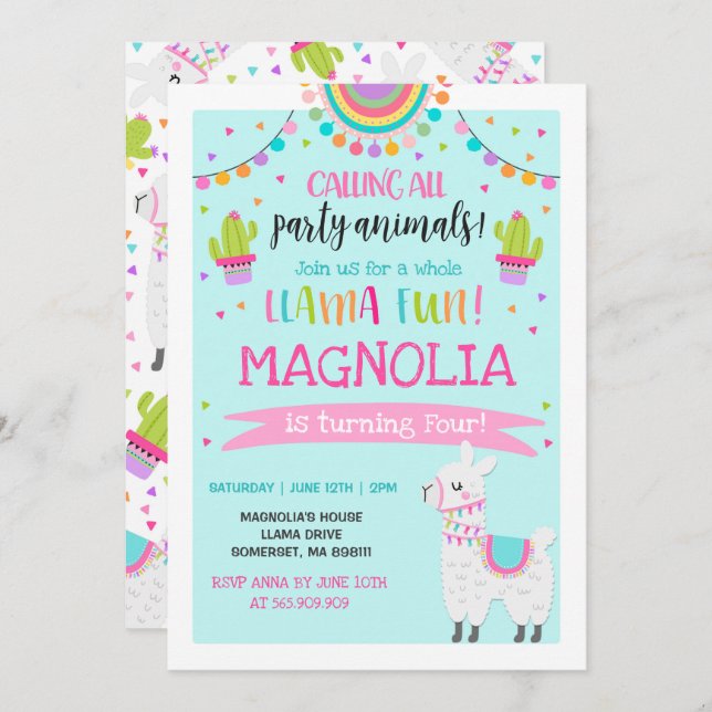 Llama Fiesta de la invitación de cumpleaños llamad (Anverso / Reverso)