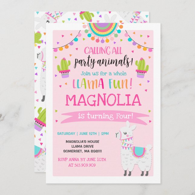 Llama Fiesta de la invitación de cumpleaños llamad (Anverso / Reverso)