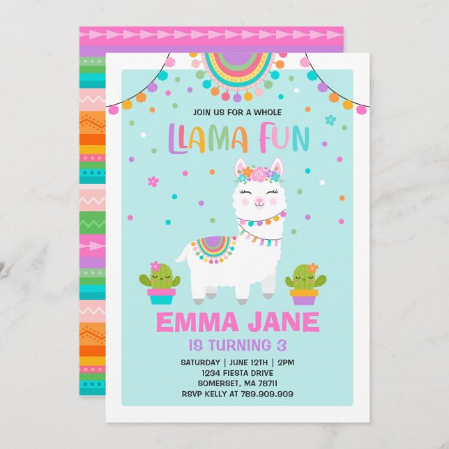 Llama Fiesta de la invitación de cumpleaños llamad (Anverso / Reverso)