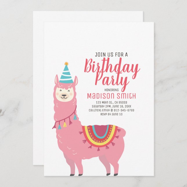 Llama Fiesta y invitación a cumpleaños con globo (Anverso / Reverso)