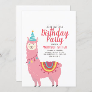 Llama Fiesta y invitación a cumpleaños con globo