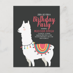 Llama Fiesta y invitación a cumpleaños con globo