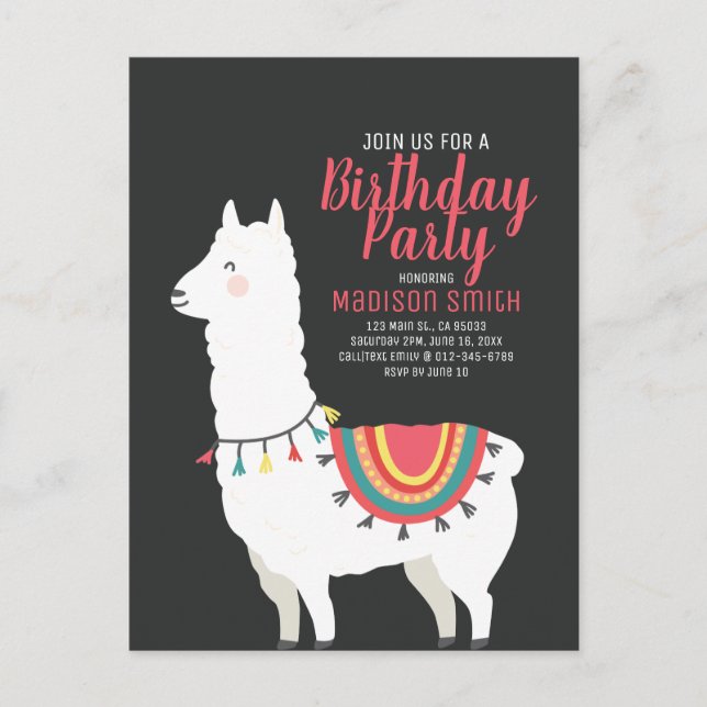 Llama Fiesta y invitación a cumpleaños con globo (Anverso)