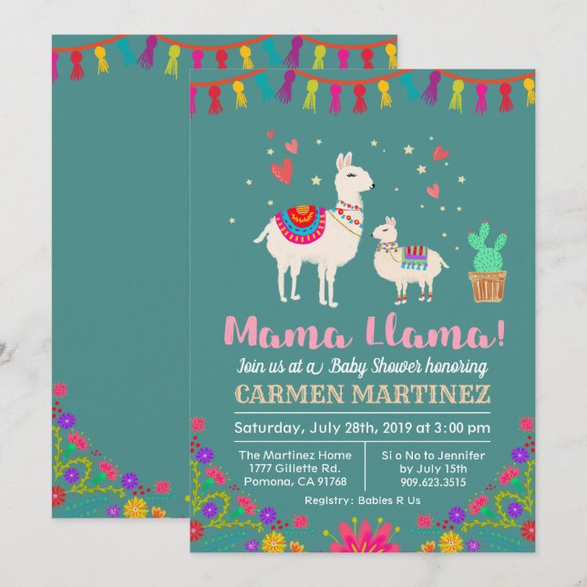 Llama Floral Baby Shower Invitación (Anverso / Reverso)