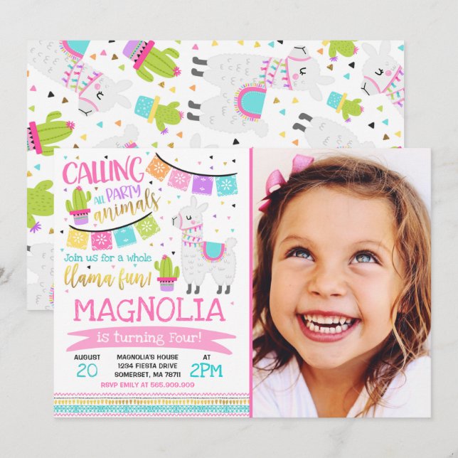 Llama Invitación a cumpleaños Fiesta de la canción (Anverso / Reverso)