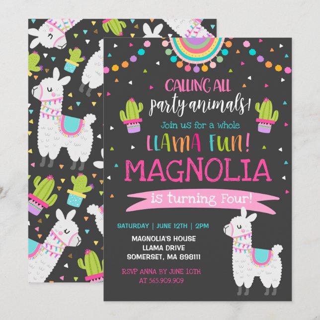 Llama Invitación a cumpleaños Fiesta de la canción (Anverso / Reverso)