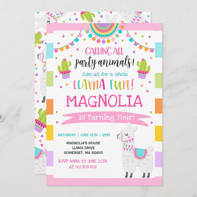 Llama Invitación a cumpleaños Fiesta de la canción (Anverso / Reverso)