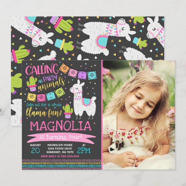 Llama Invitación a cumpleaños Fiesta de la canción (Anverso / Reverso)