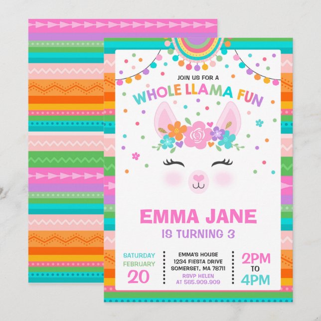 Llama Invitación a cumpleaños Fiesta de la canción (Anverso / Reverso)