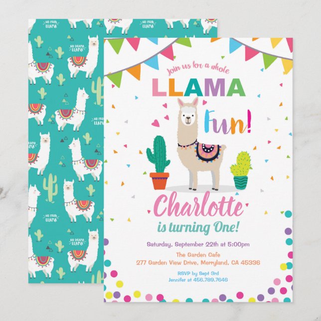 Llama invitación de cumpleaños divertida. Primer d (Anverso / Reverso)