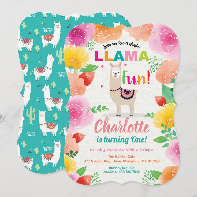 Llama la invitación de primer cumpleaños. Foloral (Anverso / Reverso)